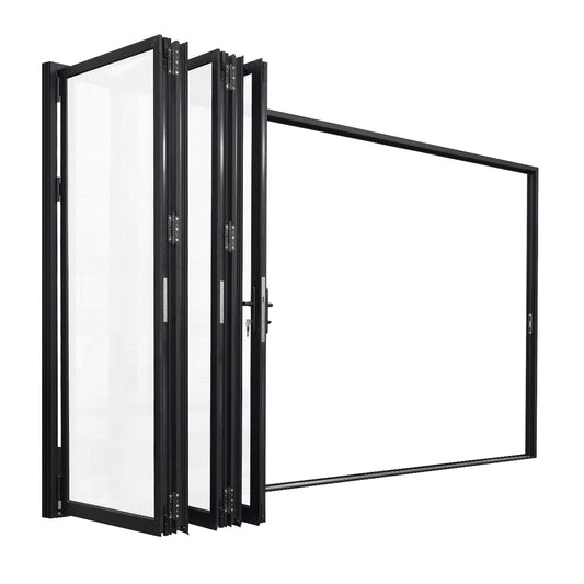 144 in. x 96 in. black color 5 panel slim thermal broken aluminum frame folding doors